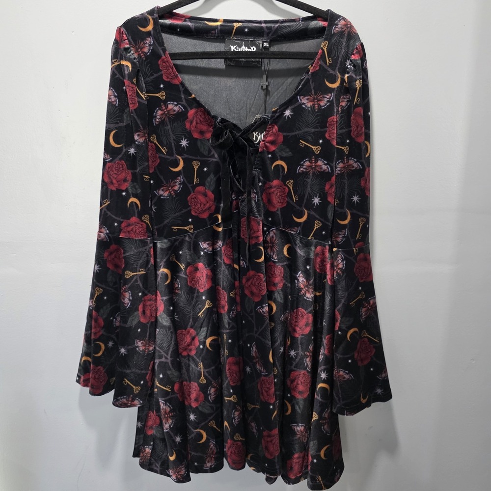 Killstar Fabulina Dress Gothic Witchy Roses Moths Keys Moon Thorns sz XL Velour